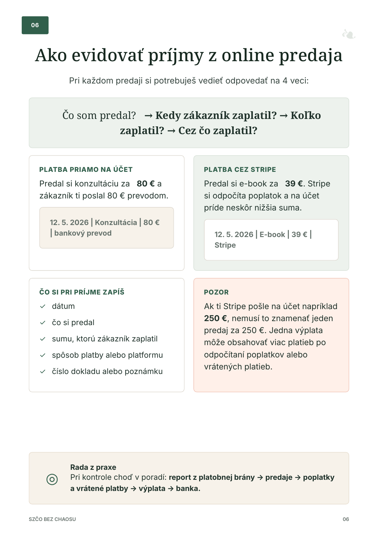 Ukážka praktického sprievodcu — strana Ako evidovať príjmy z online predaja