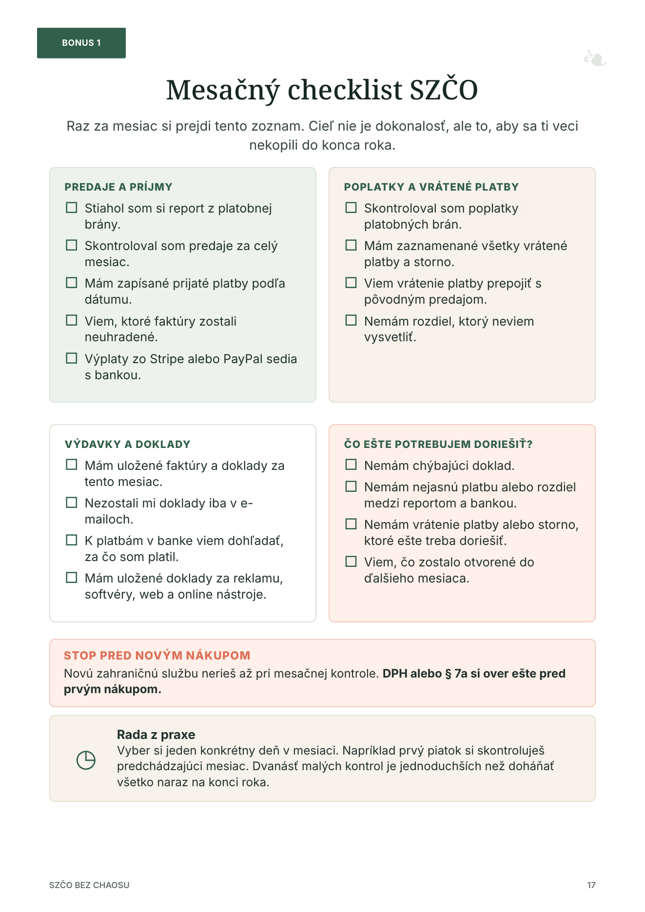 Ukážka mesačného checklistu SZČO
